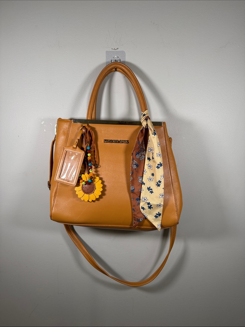 Michael Kors Camel Satchel with Scarf & Sunflower Charm